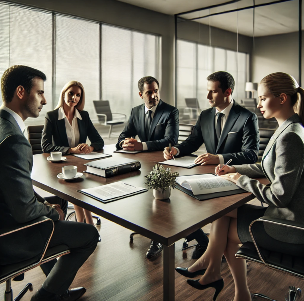 A couple and their attorneys in a collaborative divorce meeting in Texas, calmly negotiating terms in a modern, professional office.